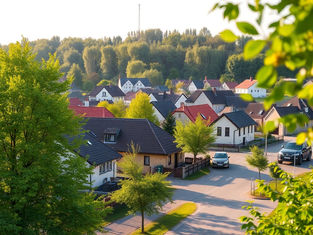 Bocian w locie nad krajobrazem polskim z widokiem na zabudowania i pola typowe dla regionu Chełmży